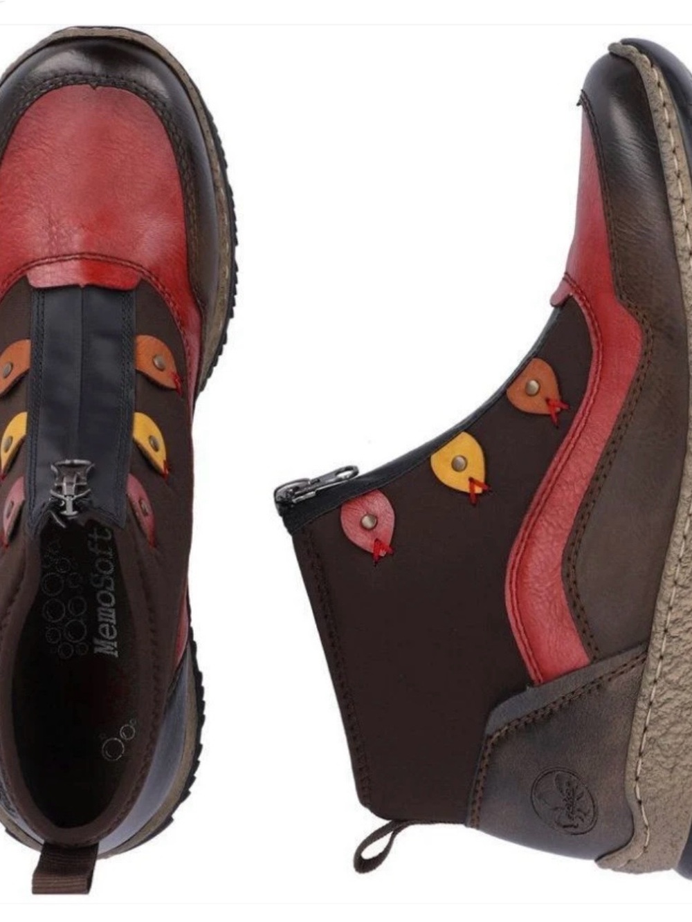 Rieker Red and Brown Leather Zip Ankle Booties